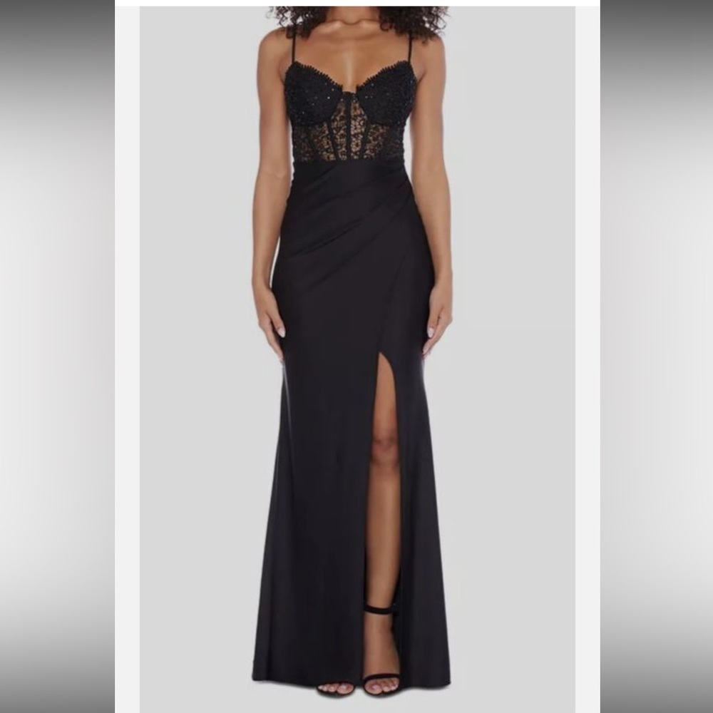 B Darlin Black Maxi Dress with Intricate Lace Design